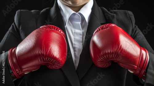 Corporate competitor businesswoman in office boxing gloves poised for competition © Ilja