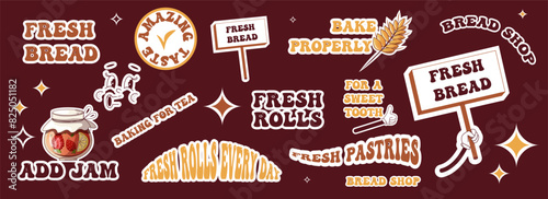 A set of groovy bakery stickers.Unusual bakery stickers with catchy phrases and illustrations for bread.