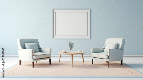 A modern cream-colored rug beneath a set of pale blue armchairs  paired with a low-profile table and a blank empty white frame mockup.