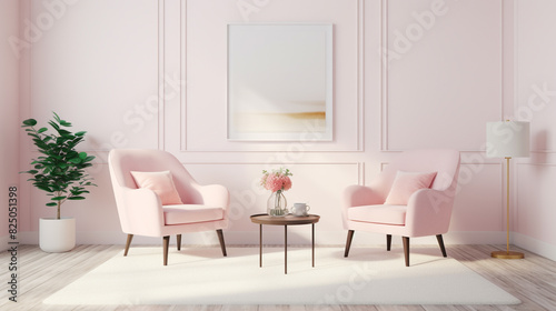 A modern cream-colored rug beneath a set of pale pink armchairs, paired with a low-profile table and a blank empty white frame mockup.