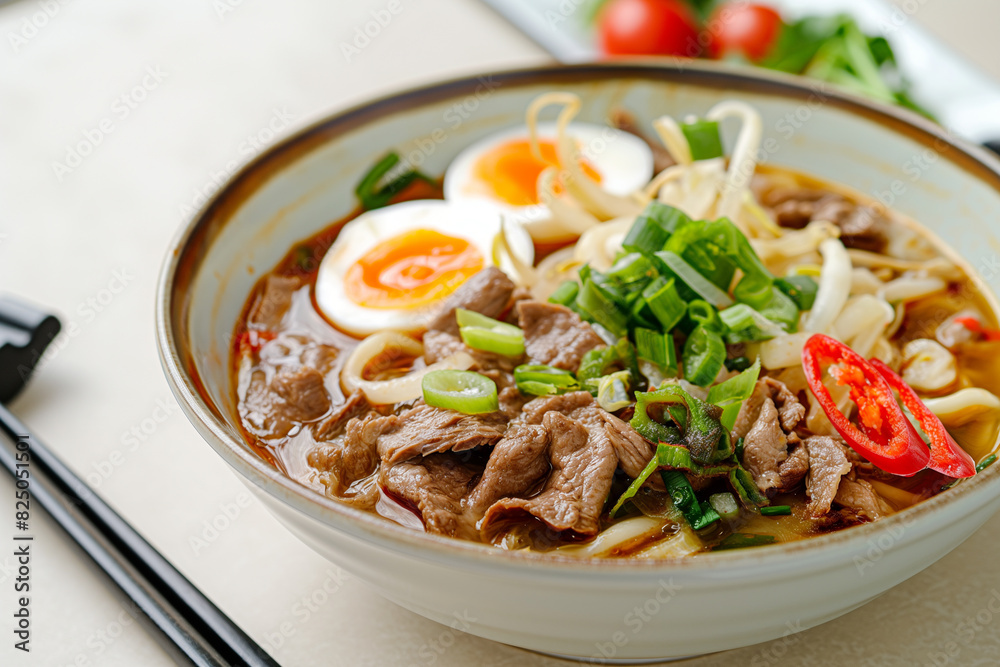Beef noodles with green onion and chili, vegetables, eggs,sauce served in a bowl isolated on table top view of taiwanese food. Image for cafe menu, Banner