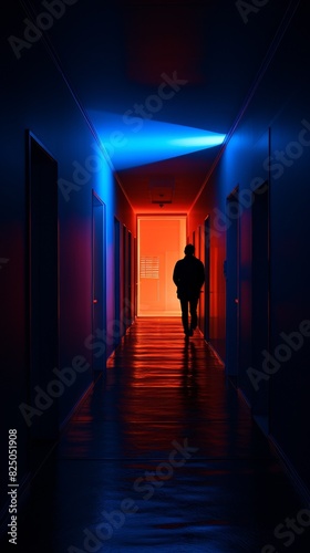 A silhouette of a person walking down a dark hallway illuminated by vibrant blue and red lights in a dramatic  mysterious setting.