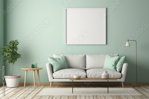 A modern living area in shades of mint green  featuring simple furniture and an empty white frame mockup against the wall.