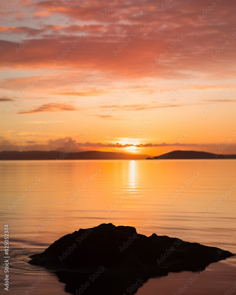 Naklejka premium A tranquil sunset over calm waters with a silhouette of a rock in the foreground and serene orange-pinkish skies reflecting on the water.
