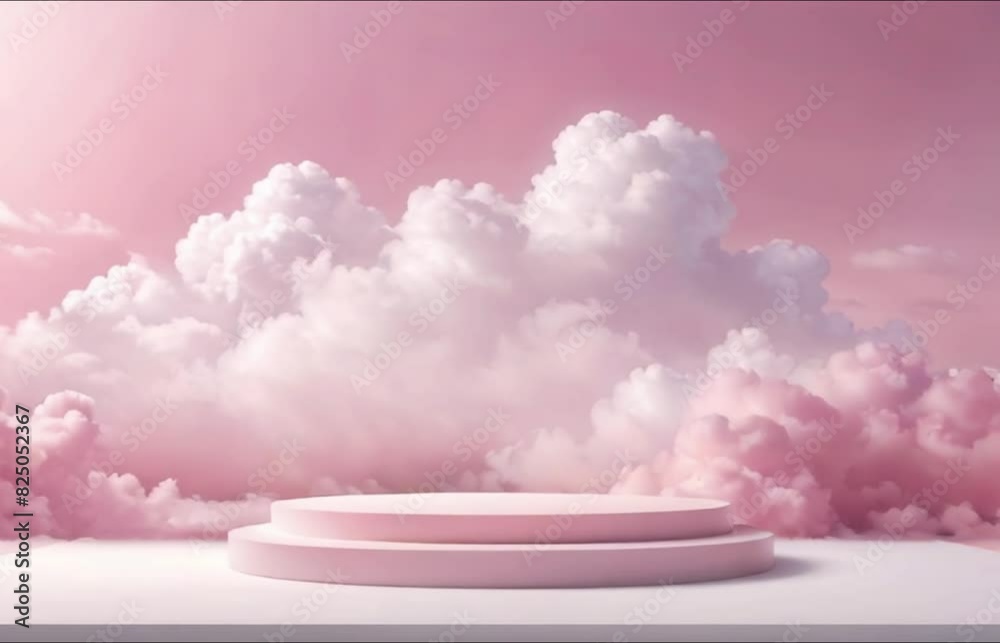 3D pink podium background with white clouds. 3D podium, stand background, stage, minimal design rendering scene.