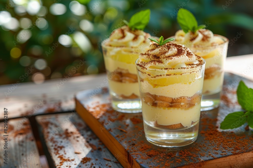 lemon tiramisu no-bake layered summer dessert in glass on a wooden table against a garden