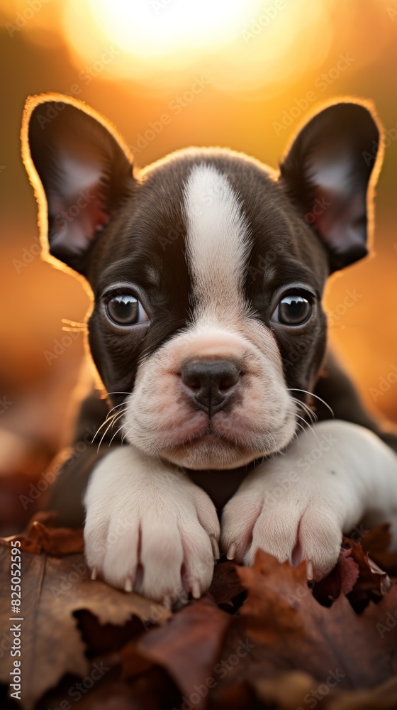 Adorable black and white Boston Terrier puppy playing in autumn leaves, with a warm sunset in the background.
