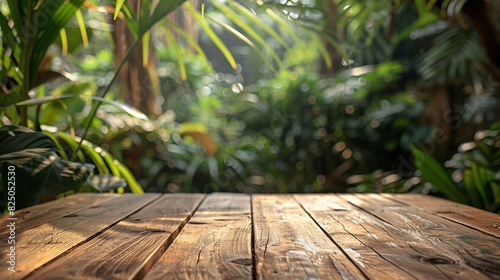 Empty wooden table top in a tropical garden, blurred green plants in background, perfect for organic product display in spring/summer © growth.ai