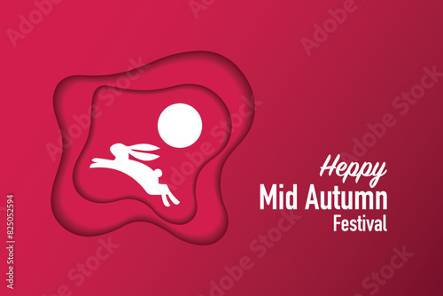 Happy mid-autumn festival, banner, poster, template, silhouettes of a hare and a sun on a pink background, abstract cut shape.