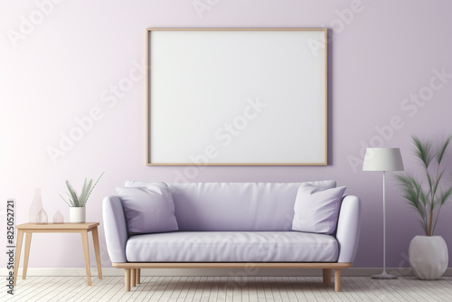 A modern living area in shades of muted lavender  featuring simple furniture and an empty white frame mockup against the wall.