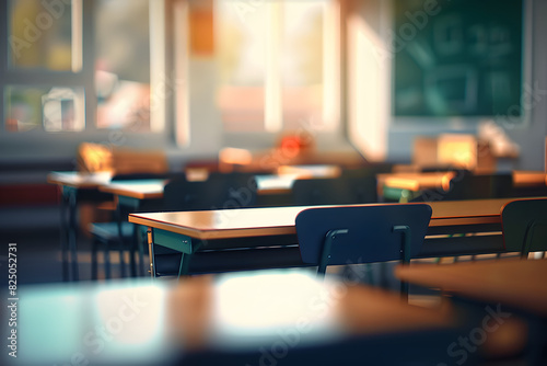 A classroom setting with a blurred background and an empty student desk arrangement,  photo