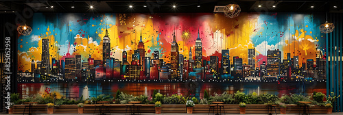 urban printable graffiti masterpiece of a sprawling metropolis skyline perfect for enhancing the walls of a coworking space's lounge area inspiring creativity and innovation