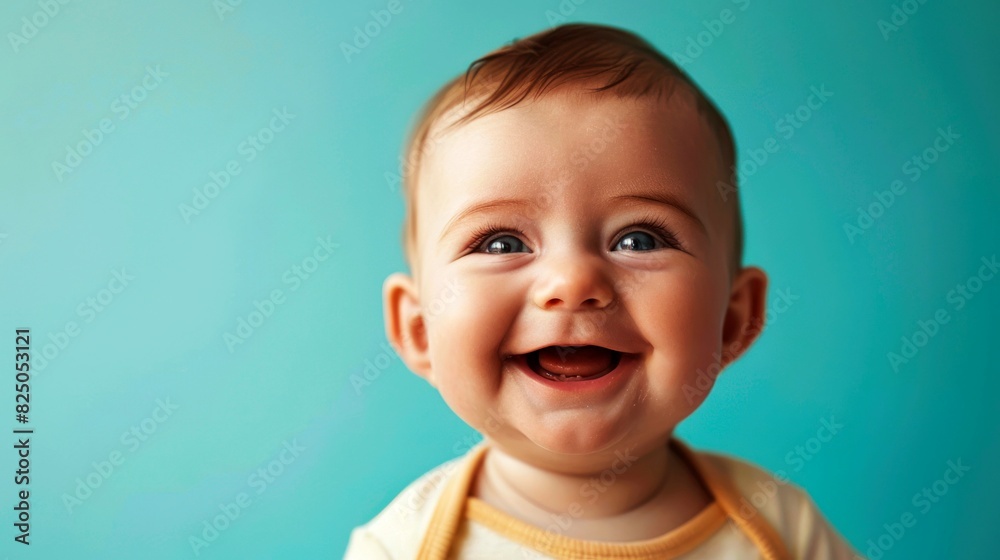 potrait cheerful of baby on clean blue background potrait cheerful of baby on clean blue background