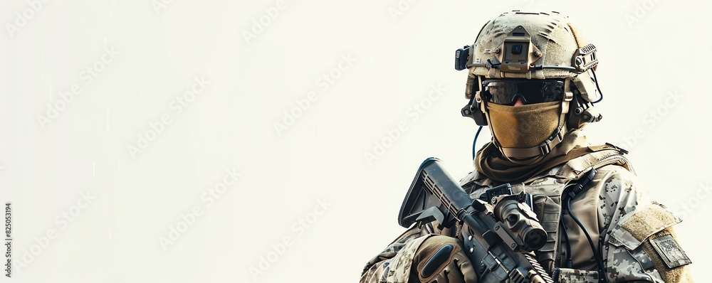 Modern soldier in full combat gear, holding a rifle, standing against a clear sky. Military personnel ready for action in a tactical environment. Modern soldier in full combat gear, holding a rifle, standing against a clear sky. Military personnel ready for action in a tactical environment.