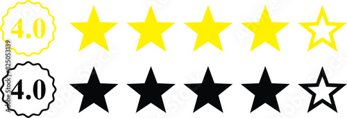 4 star rating, rate us, review vector icon set isolated on white background. icons for game, rating, ui, feedback, website.  Product rating or customer review with gold n black full and half star 