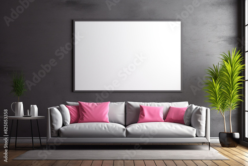 A modern living room featuring a pop of neon pink on a wall, complemented by a minimalist grey sofa and a blank white frame mockup.