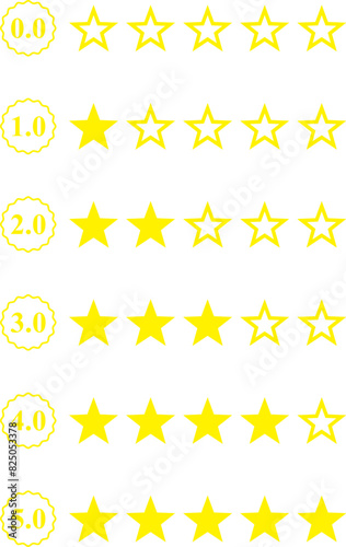 0 to 5 star rating, rate us, review vector icon set isolated on white background. icons for game, rating, ui, feedback, website.  Product rating or customer review with gold full and half star 