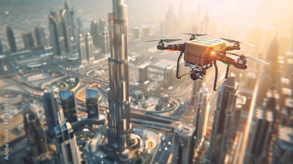 Drone with a parcel flying over a metropolitan area, skyscrapers and busy streets below, sunny weather Drone with a parcel flying over a metropolitan area, skyscrapers and busy streets below, sunny weather