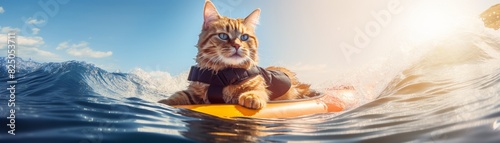 Cat in a life jacket surfing on a sunny beach day, capturing a fun and adventurous summer moment with waves and clear skies.