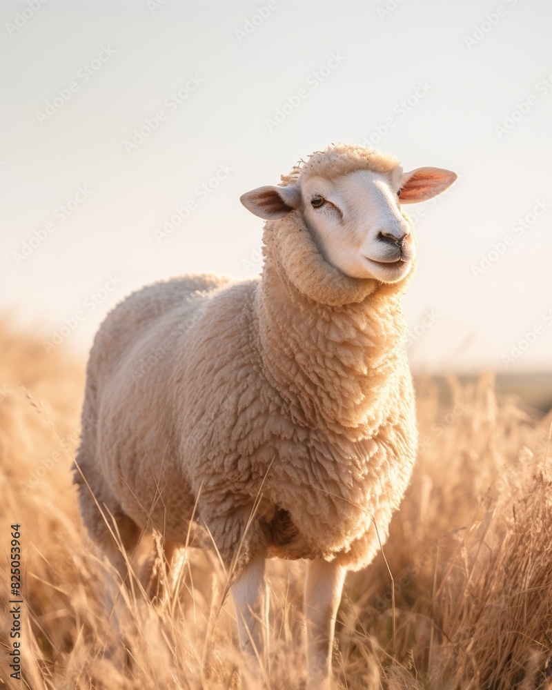Naklejka premium Close-up of a sheep standing in a golden field under clear skies, highlighting its wool against the natural backdrop.