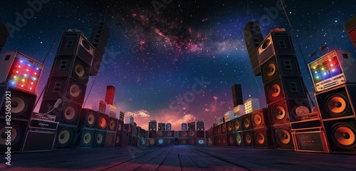 A large concert stage with towering speakers and a vast array of colorful stage lights all turned off, waiting in anticipation against a backdrop of a starry night sky. photo