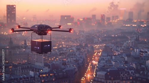 Drone delivering a parcel box, high-tech urban cityscape in the background, evening light