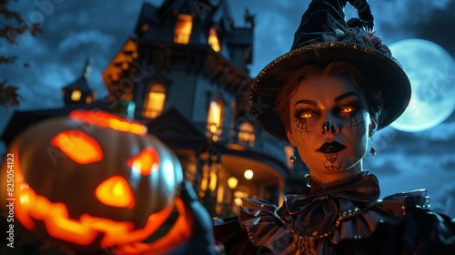 Spooky Halloween Scene with Witch and Jack-o'-Lantern