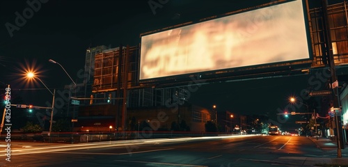 A large electronic billboard above a bustling intersection at night  currently blank and casting a subtle glow on the streets below.