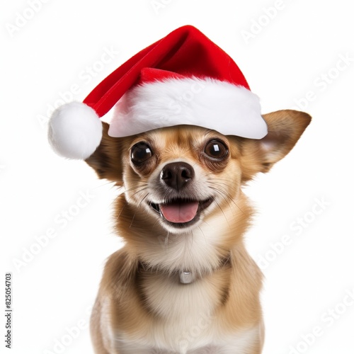 Cute chihuahua dog wearing a Santa hat, celebrating Christmas, isolated on white background, adorable holiday pet. © tohceenilas