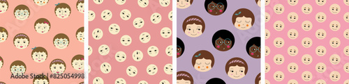 Four seamless patterns bundle, beautiful girlish faces. Drawn continuous background, girl visage, repeating surface design.