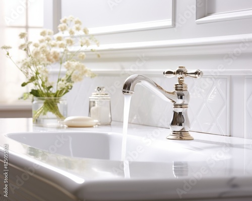 Elegant bathroom sink with running water  white flowers in a vase  and natural light creating a serene ambiance.