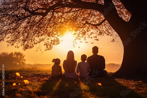 Family sitting under a tree enjoying a beautiful sunset together. Serene outdoor moment capturing love  unity  and peacefulness.