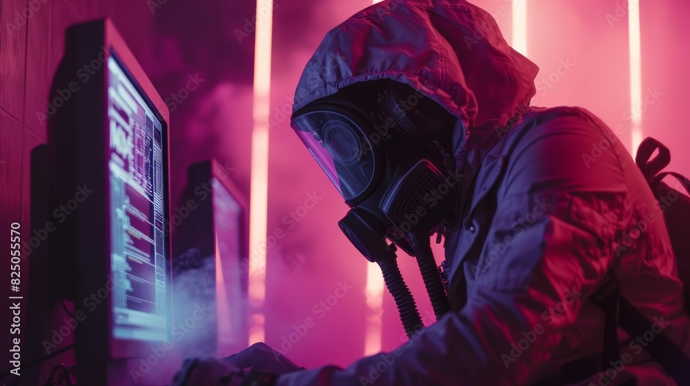 Cyberpunk scene with a man in a gas mask, hacking into a mainframe, mysterious atmosphere with dark hues Cyberpunk scene with a man in a gas mask, hacking into a mainframe, mysterious atmosphere with dark hues