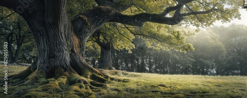 A tranquil scene in a lush forest with sunlight filtering through ancient trees, casting a serene and calming atmosphere. photo