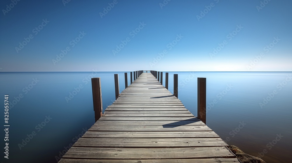 A long wooden pier stretching out into a tranquil ocean, with no people, capturing the stillness of the water under a cloudless blue sky.