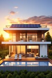 Modern eco-friendly house with solar panels and outdoor pool at sunset, featuring contemporary architecture and large glass windows.