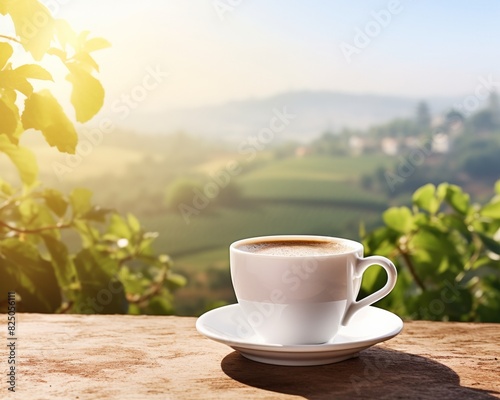 Morning coffee cup on wooden table with green landscape and sunlight in the background, perfect for a cozy, peaceful morning.