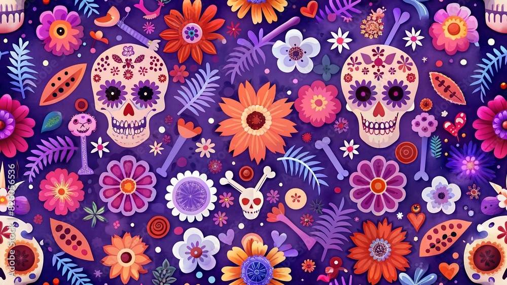 Dia De Los Muertos Background Day of the Dead Art Decoration, Bones Skull Flower Ornament Holiday Wallpaper. Dia De Los Muertos Background Day of the Dead Art Decoration, Bones Skull Flower Ornament Holiday Wallpaper.