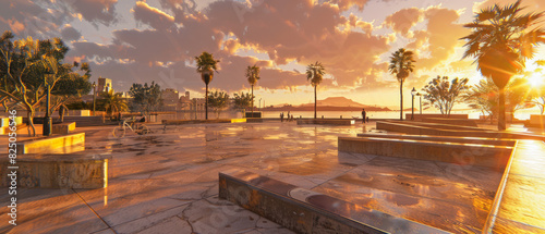 Unreal Engine 3D Urban Sports Activities like Skateboarding or Urban Climbing, Waterfront_Environment, Skateboarding_Activity, Cycling_Gear, Tourist_Audience, Midnight_Time, Competitive_Skill, photo