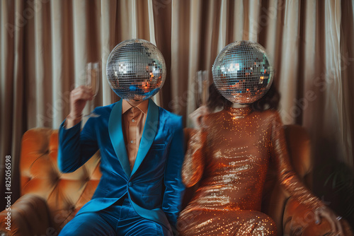couple with disco ball heads sitting on the  couch, blue and orange tones, festive , curtain background, retro party vibes, surreal 70s  theme, funky holiday card with copy space and motion blur