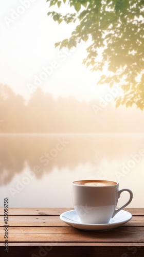Serene morning coffee by the lake, with a view of calm water and soft sunlight through the trees, creating a peaceful and relaxing atmosphere.