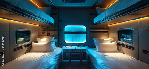 A modern train cabin with four beds and two small tables in the middle, blue light inside, white pillows on each bed, and window at one end