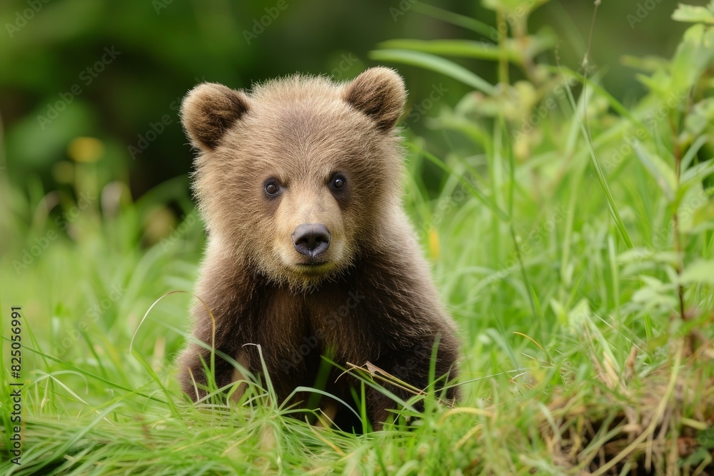 Fototapeta premium Cute brown bear cub stares gently at the camera surrounded by lush green grass