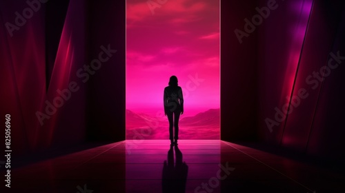Silhouette of a person standing in a neon-lit corridor with a breathtaking  futuristic landscape in vivid pink and purple hues.