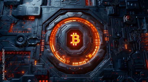 futuristic vault door made of interlocking digital cubes, crypto currency, technology, bitcoin and business concept