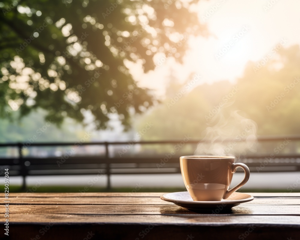 Steamy hot coffee in a cup on a wooden table in a serene outdoor setting with sunlight filtering through the trees in the background. Steamy hot coffee in a cup on a wooden table in a serene outdoor setting with sunlight filtering through the trees in the background.