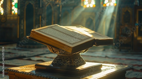 An open Holy Quran with gentle light rays illuminating the pages, placed on an intricately carved wood stand, serene ambiance photo