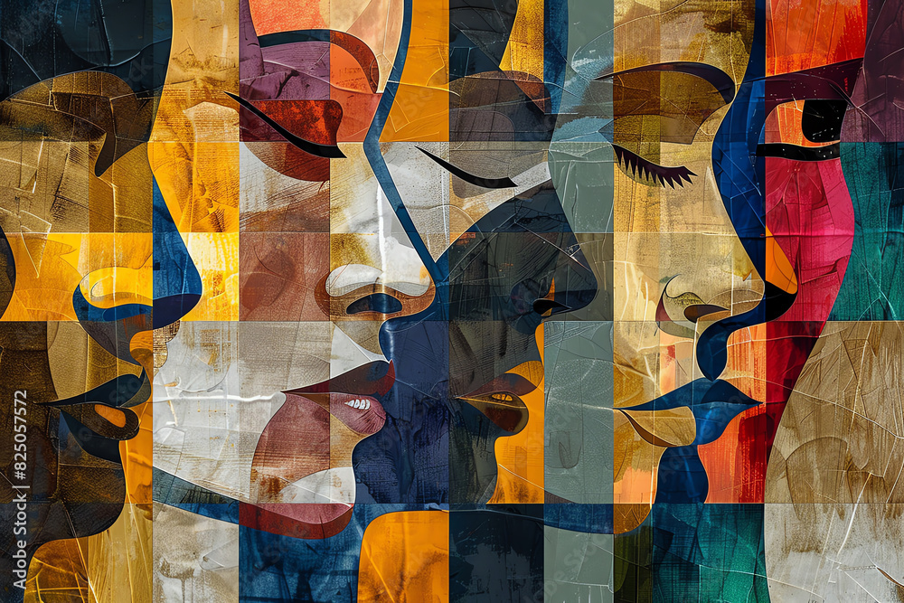 An abstract painting of colorful faces made of geometric shapes. An abstract painting of colorful faces made of geometric shapes.