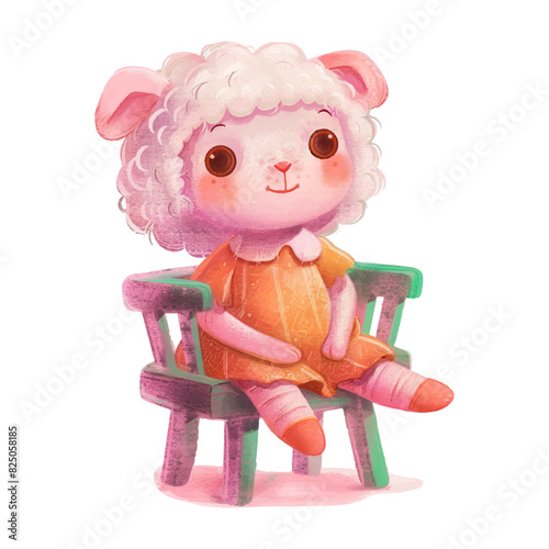 Cute sheep sitting on chair white background (7)