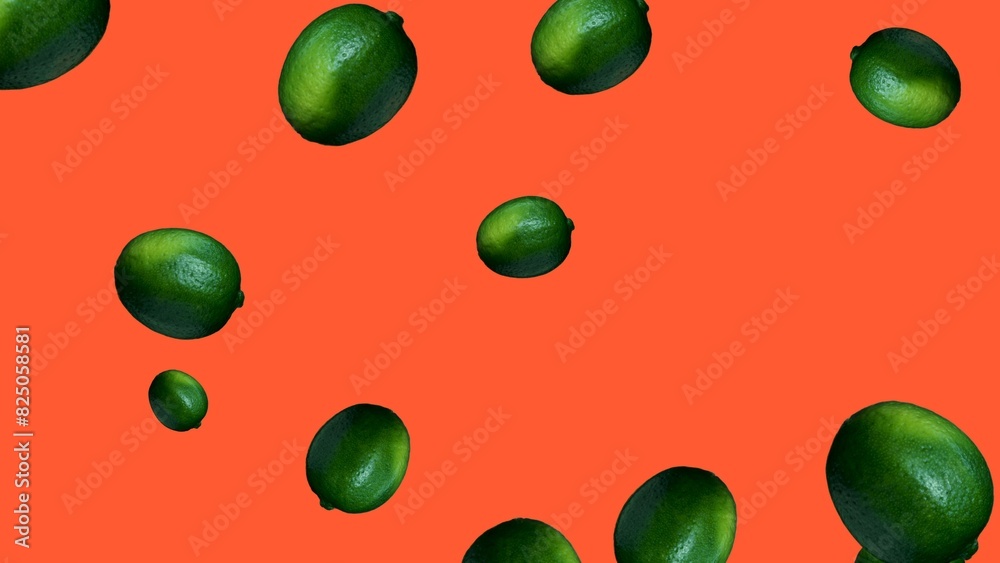Green whole limes on an isolated bright orange background. The fresh citrus fruit pattern is perfect for food and kitchen themes. Green whole limes on an isolated bright orange background. The fresh citrus fruit pattern is perfect for food and kitchen themes.